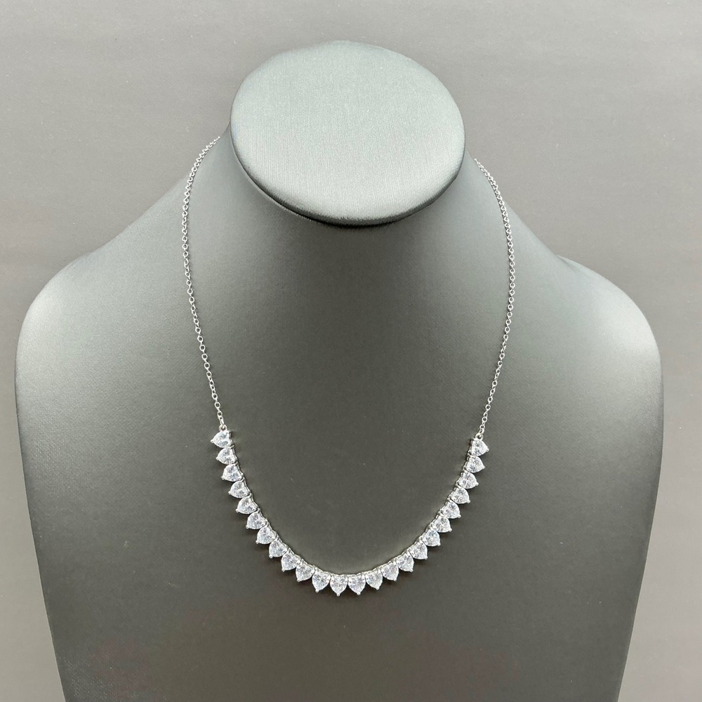 Heart Shaped Tennis Necklace Womens Silver Tone Crystal Statement 16 Inches